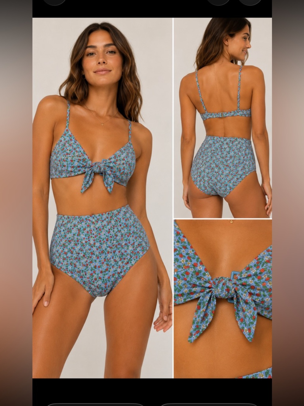 Sea New York Strawberry Floral High Waist Bikini Set Blue Size Small